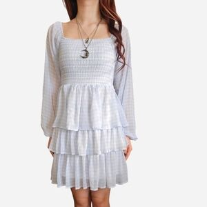 Madden NYC Light Blue Gingham Chiffon Layered Ruffle Smocked Mini Dress